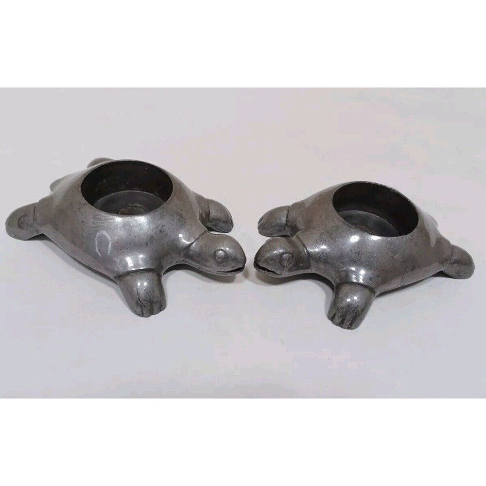 2 Pair Of Silver Sea Turtle Tea Light Candle Holders W/ Amazing Patina Heavy